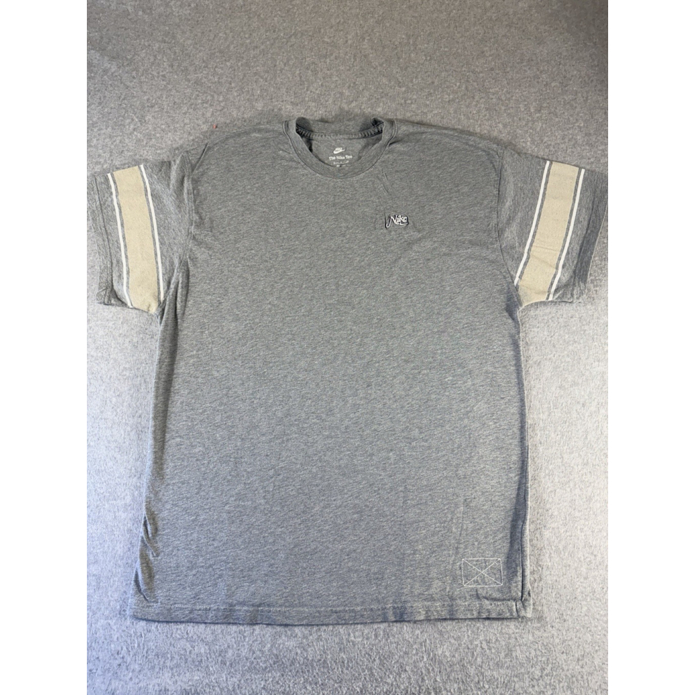 Nike Embroidered Logo T Shirt Mens XL Gray Varsity Stripe‎ Sleeve Cotton Tee